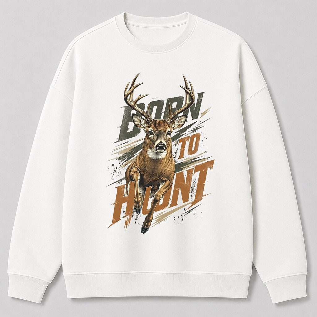 Big Buck Hunting Crewneck Sweatshirt for Men with Born to Hunt running buck graphic — white front view with printed graphic