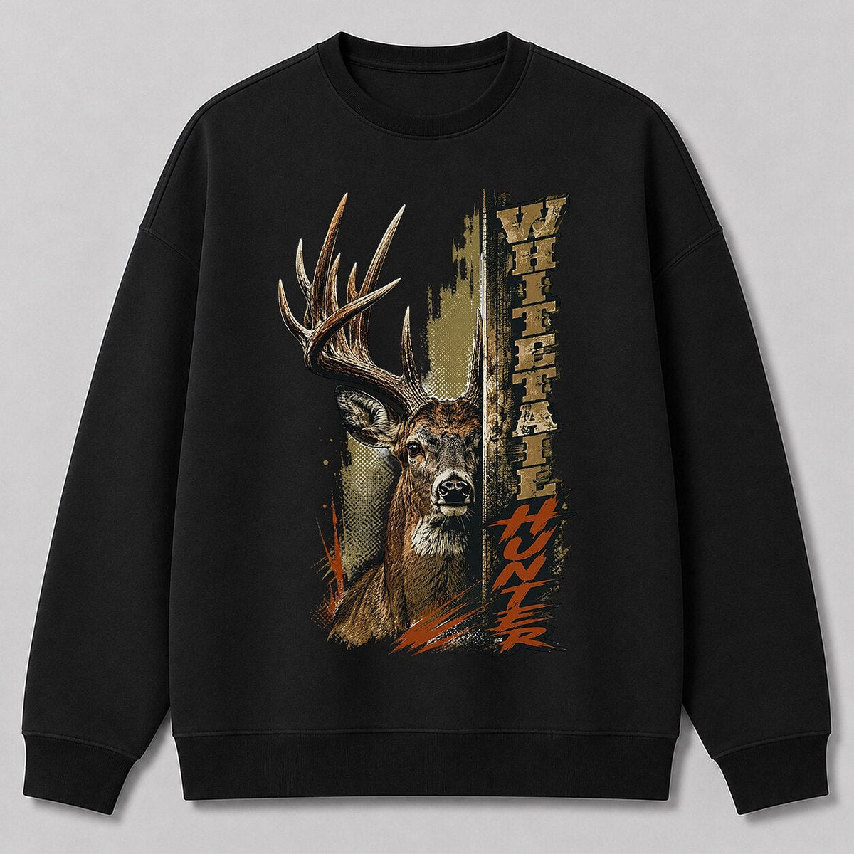 Big Buck Hunting Crewneck Sweatshirt for Men with whitetail buck portrait graphic — black front view with printed graphic