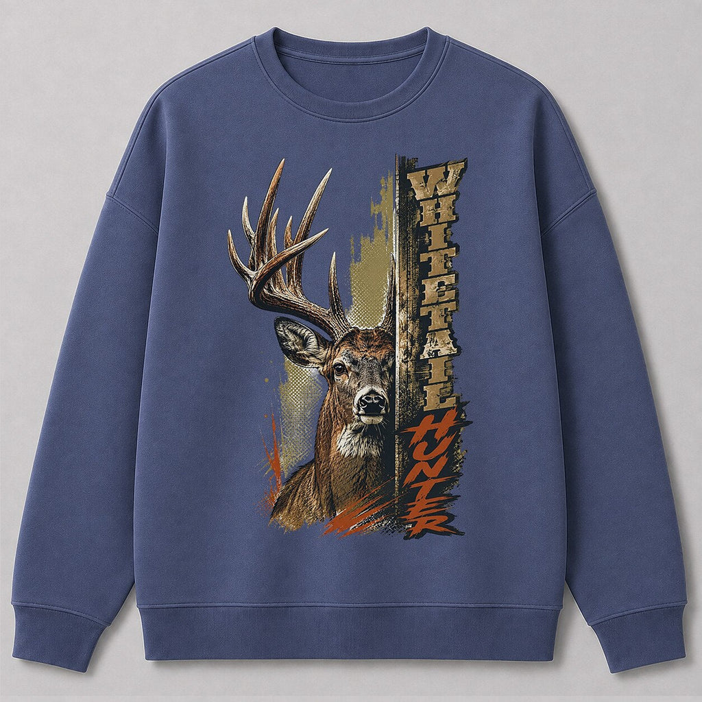 Big Buck Hunting Crewneck Sweatshirt for Men with whitetail buck portrait graphic — charcoal front view with printed graphic
