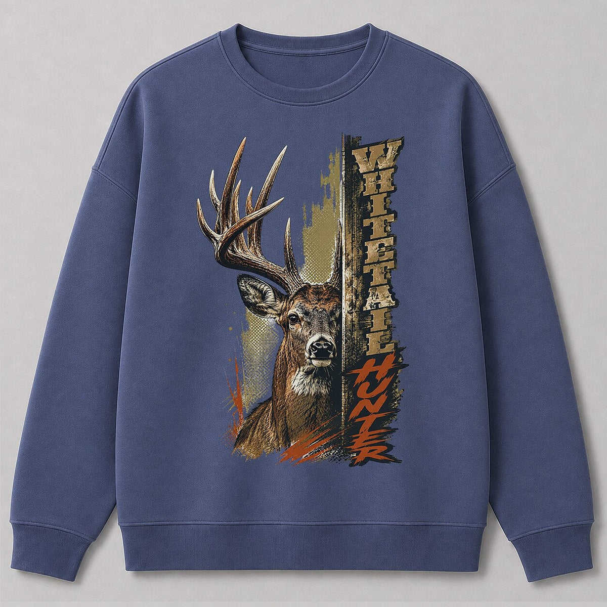 Big Buck Hunting Crewneck Sweatshirt for Men with whitetail buck portrait graphic — charcoal front view with printed graphic