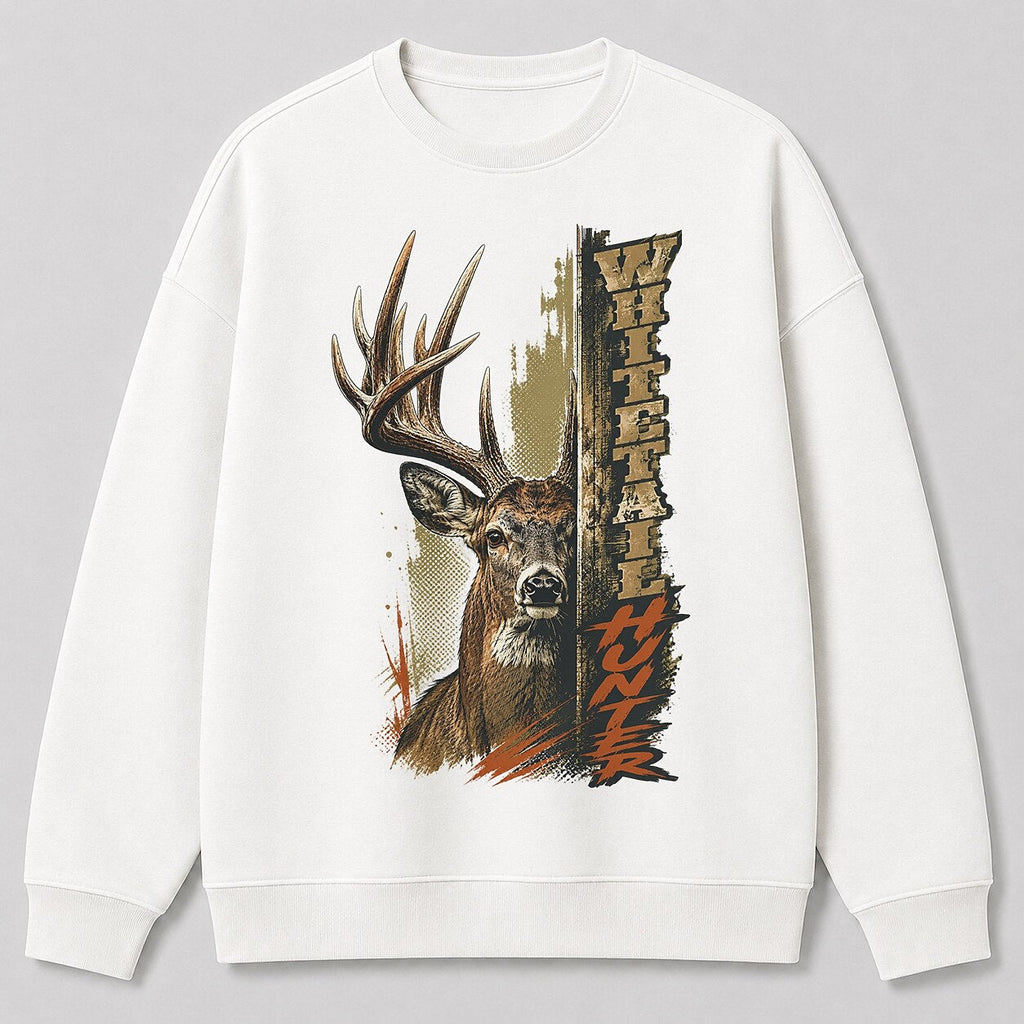 Big Buck Hunting Crewneck Sweatshirt for Men with whitetail buck portrait graphic — close-up of sweatshirt fabric