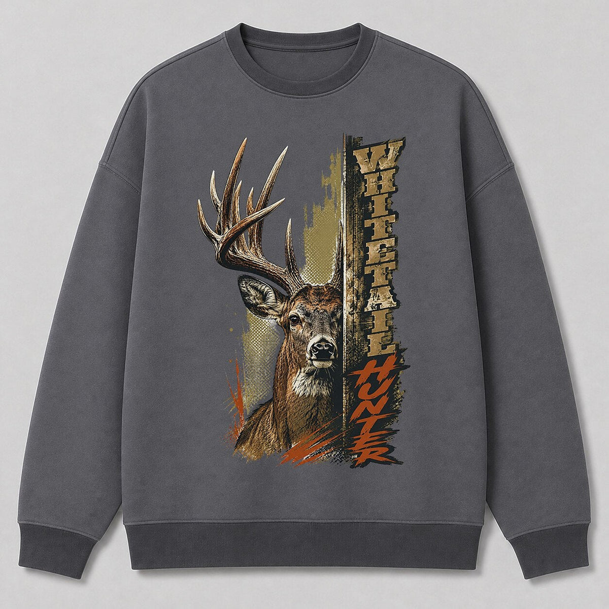 Big Buck Hunting Crewneck Sweatshirt for Men with whitetail buck portrait graphic — white front view with printed graphic