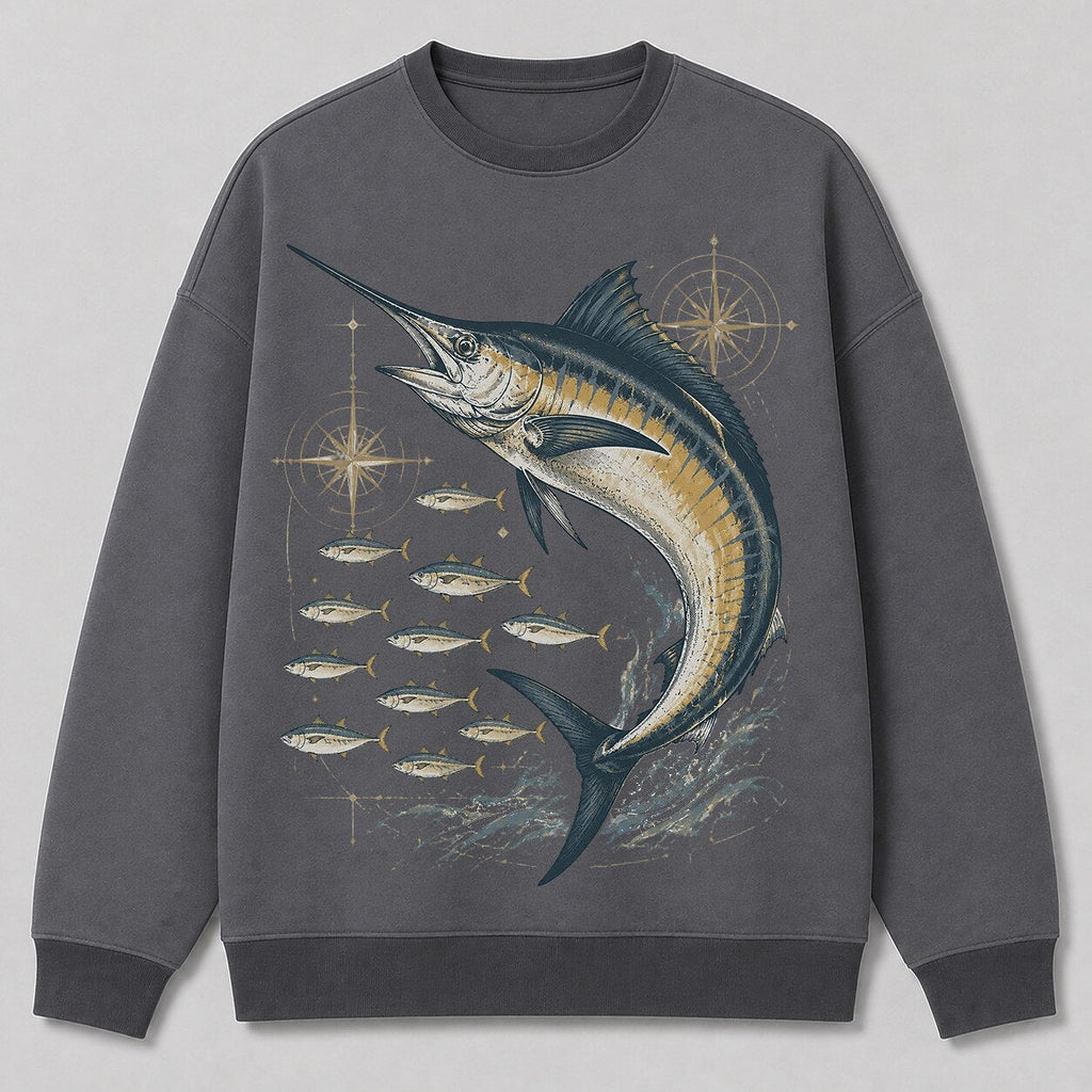 Blue Marlin Ocean Fishing Crewneck Sweatshirt for Men — black front view with printed graphic