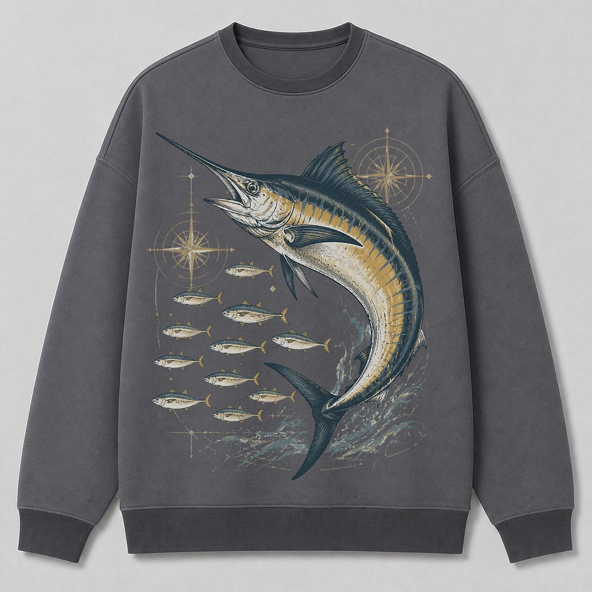 Blue Marlin Ocean Fishing Crewneck Sweatshirt for Men — black front view with printed graphic