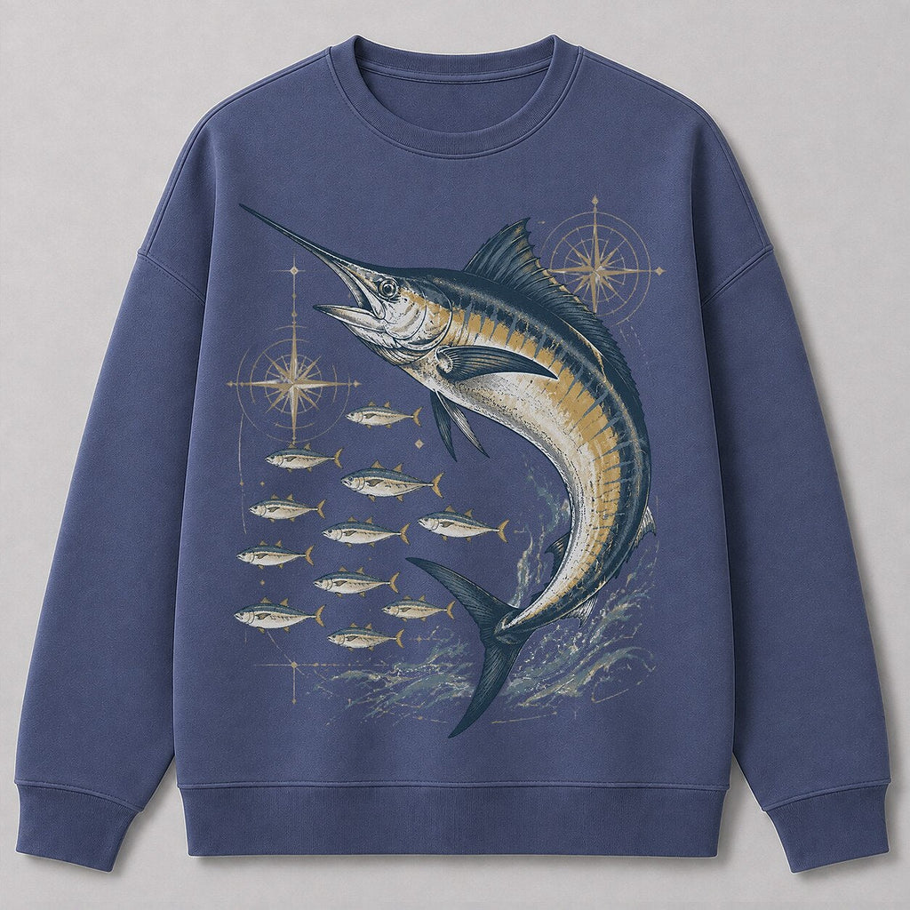 Blue Marlin Ocean Fishing Crewneck Sweatshirt for Men — charcoal front view with printed graphic