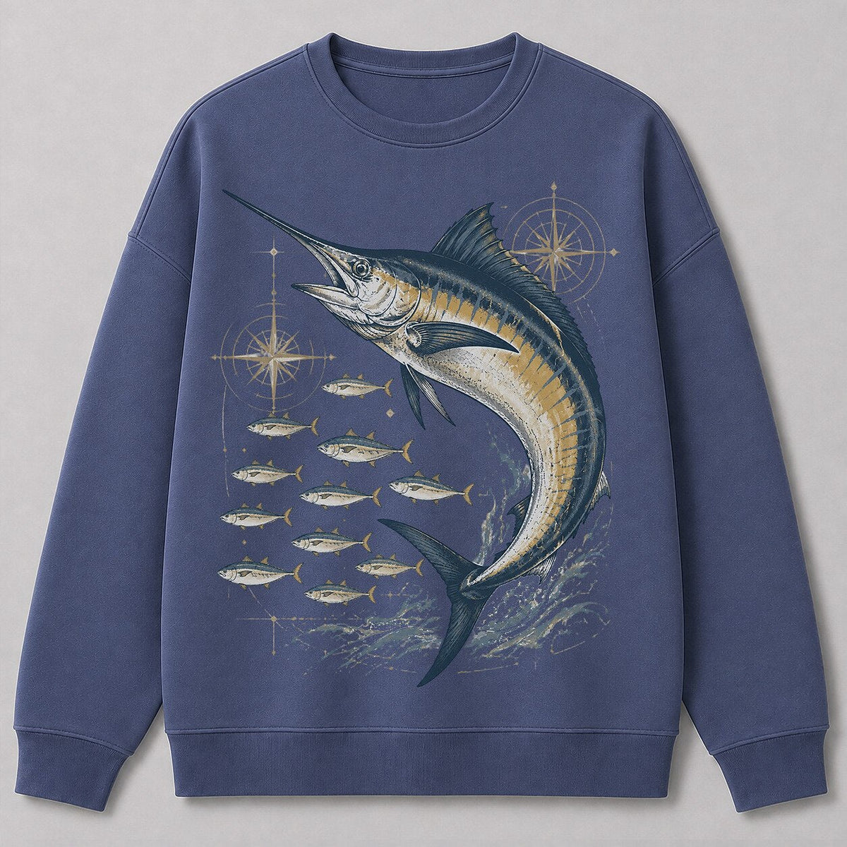 Blue Marlin Ocean Fishing Crewneck Sweatshirt for Men — charcoal front view with printed graphic