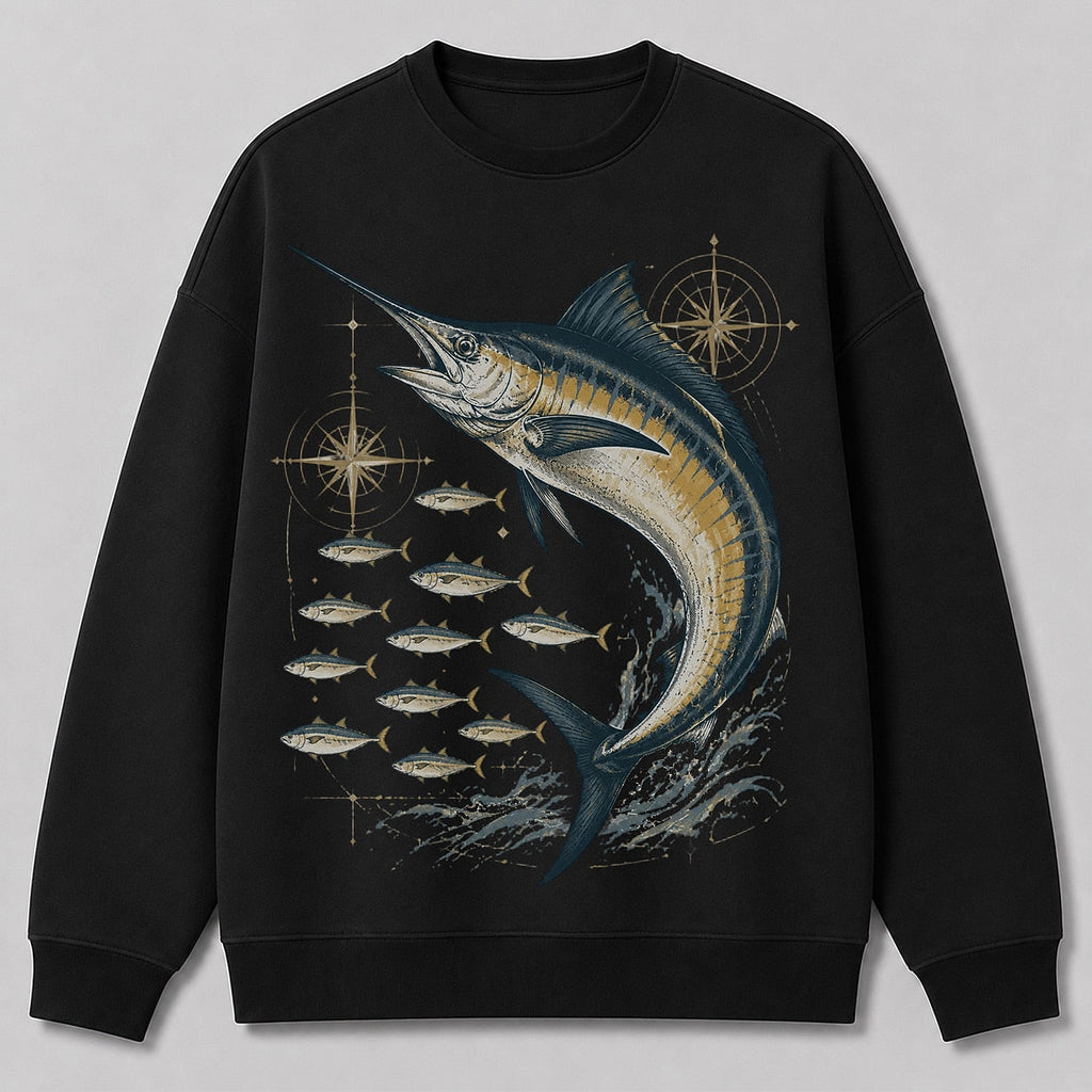 Blue Marlin Ocean Fishing Crewneck Sweatshirt for Men — navy front view with printed graphic