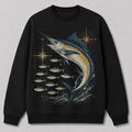 Blue Marlin Ocean Fishing Crewneck Sweatshirt for Men — navy front view with printed graphic