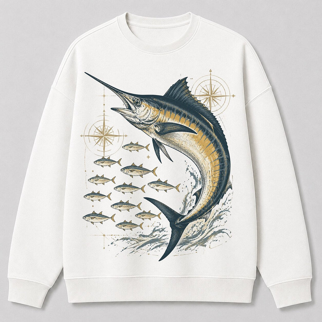 Blue Marlin Ocean Fishing Crewneck Sweatshirt for Men — white front view with printed graphic