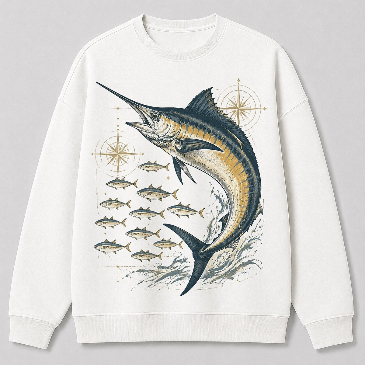 Blue Marlin Ocean Fishing Crewneck Sweatshirt for Men — white front view with printed graphic