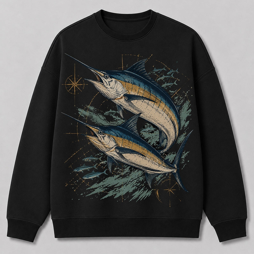Blue Marlin Offshore Fishing Crewneck Sweatshirt for Men — black front view with printed graphic