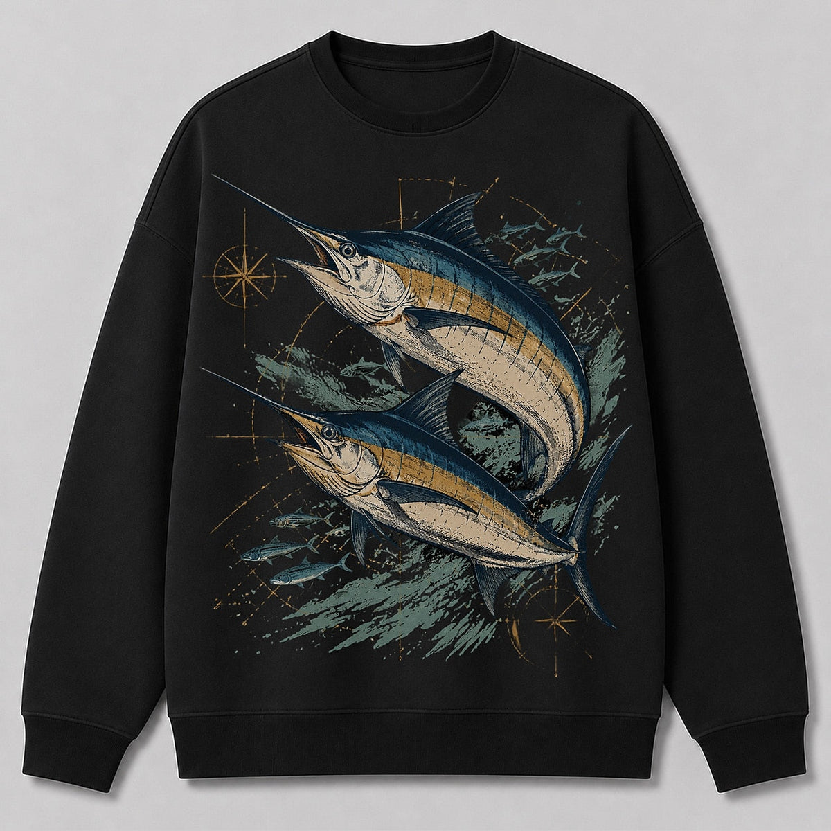 Blue Marlin Offshore Fishing Crewneck Sweatshirt for Men — black front view with printed graphic