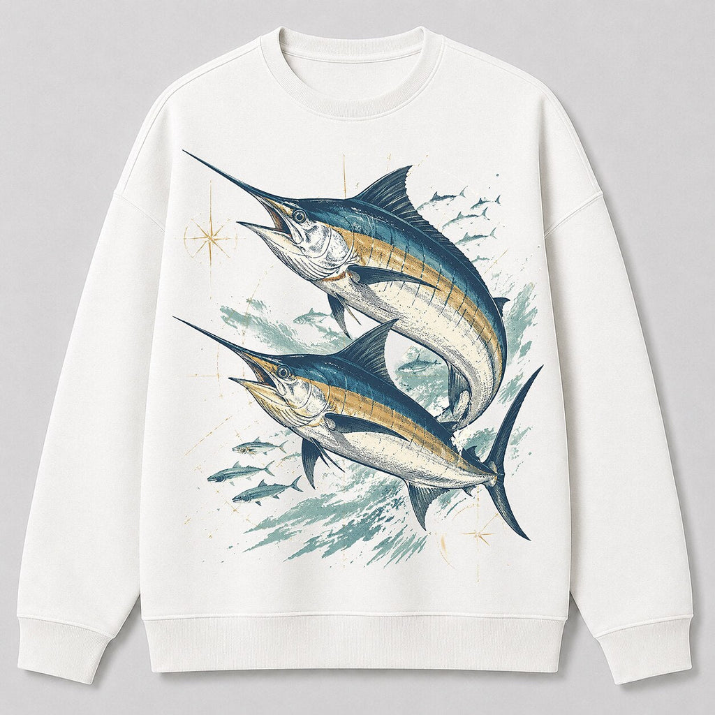 Blue Marlin Offshore Fishing Crewneck Sweatshirt for Men — white front view with printed graphic