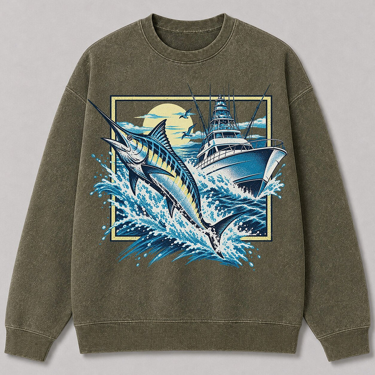 Washed Marlin Sportfishing Boat Sweatshirt Graphic Design