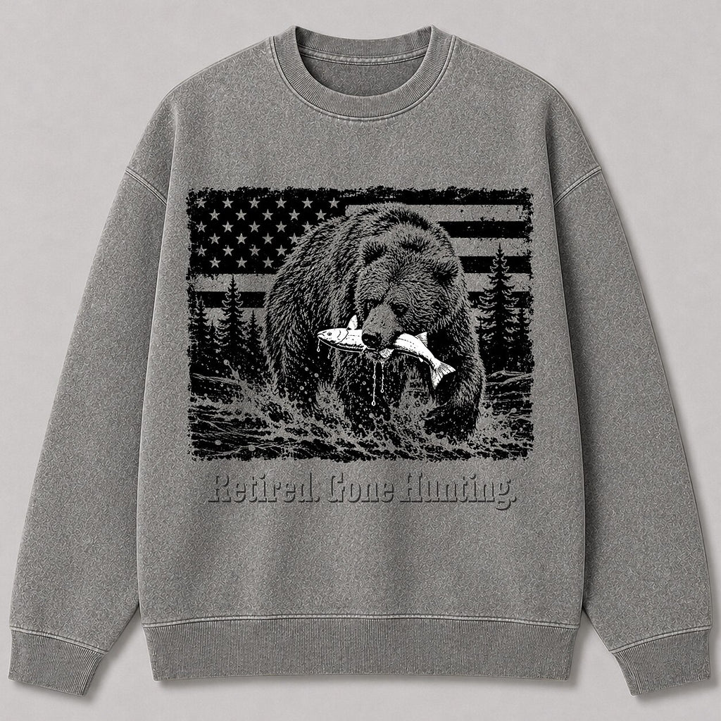 Washed Grizzly Bear Salmon Fishing Wildlife Graphic Sweatshirt