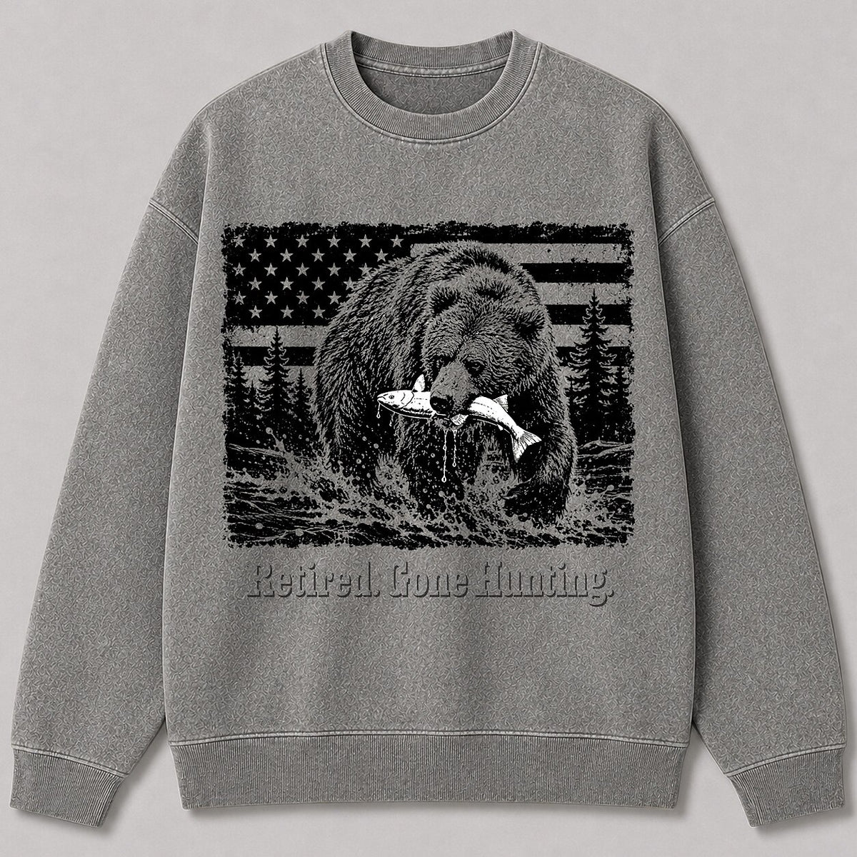 Washed Grizzly Bear Salmon Fishing Wildlife Graphic Sweatshirt