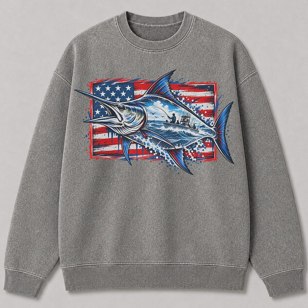 Washed American Flag Marlin Fishing Sweatshirt Graphic