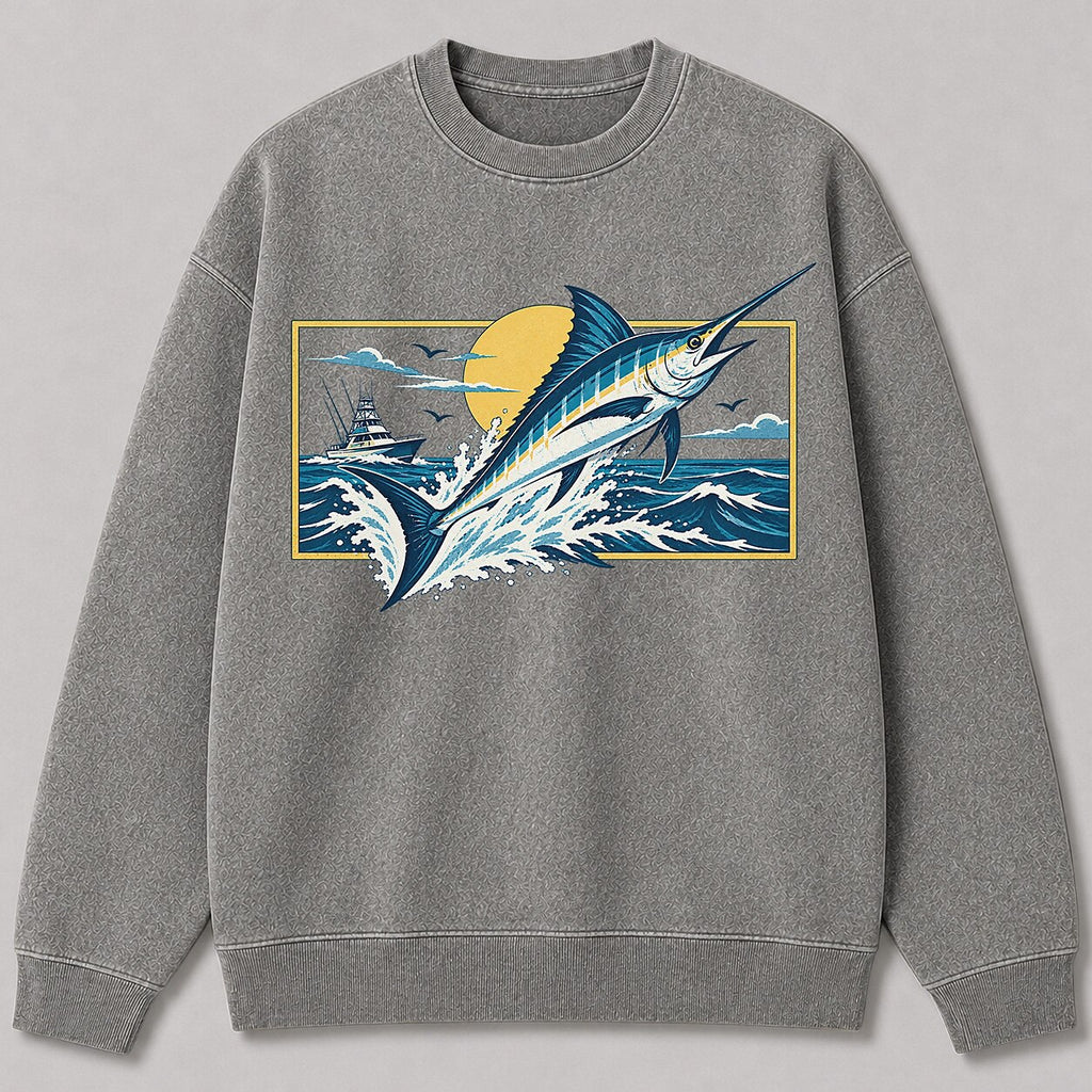 Washed Marlin Sunset Offshore Fishing Sweatshirt Graphic