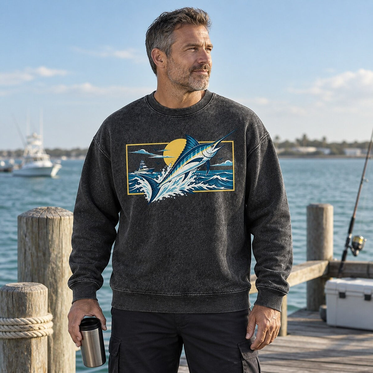 Washed Marlin Sunset Offshore Fishing Sweatshirt Graphic