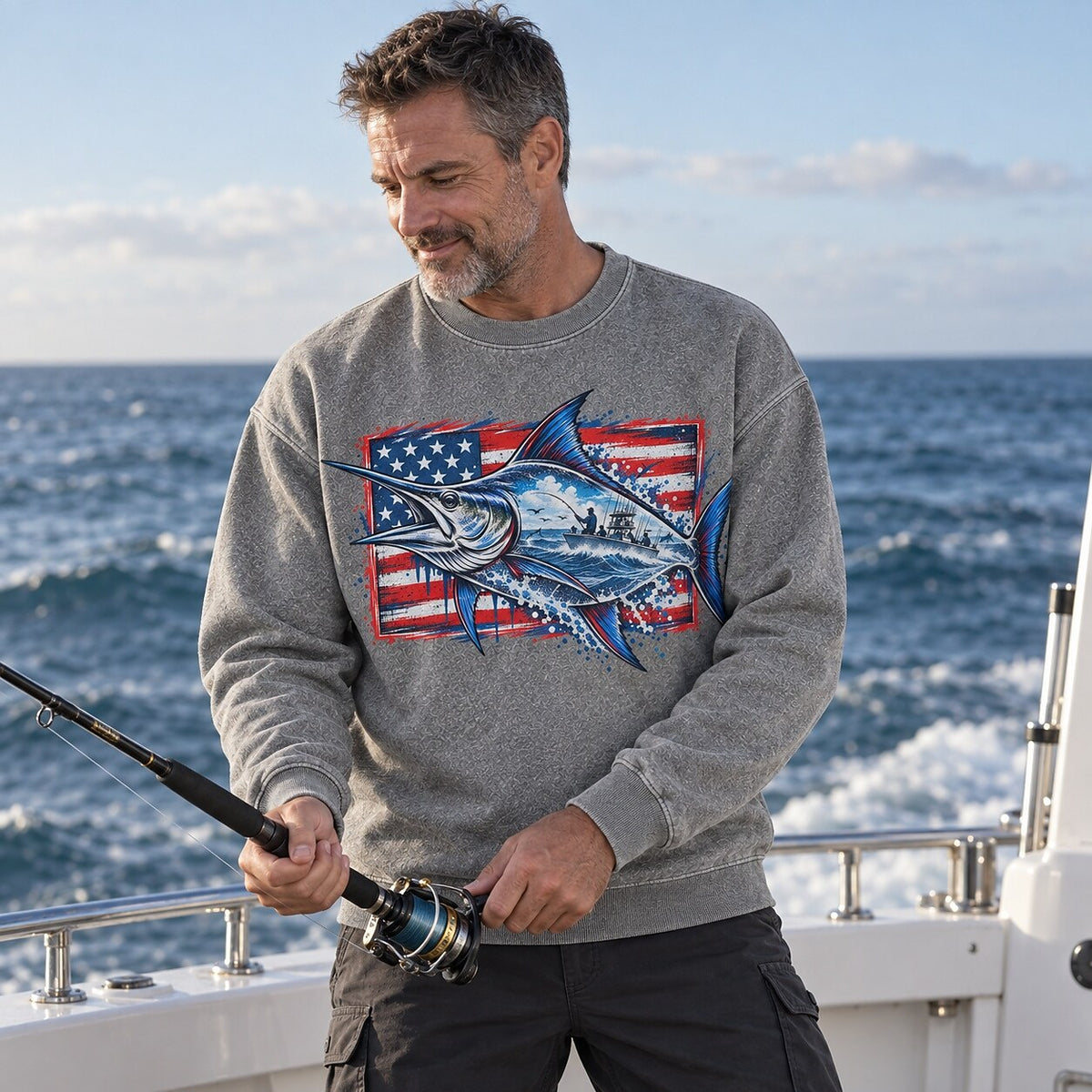 Washed American Flag Marlin Fishing Sweatshirt Graphic