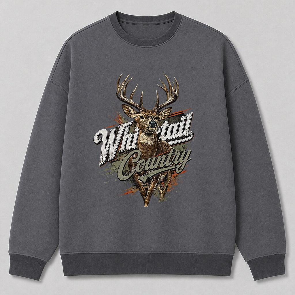 Deer Hunting Crewneck Sweatshirt for Men — white front view with printed graphic