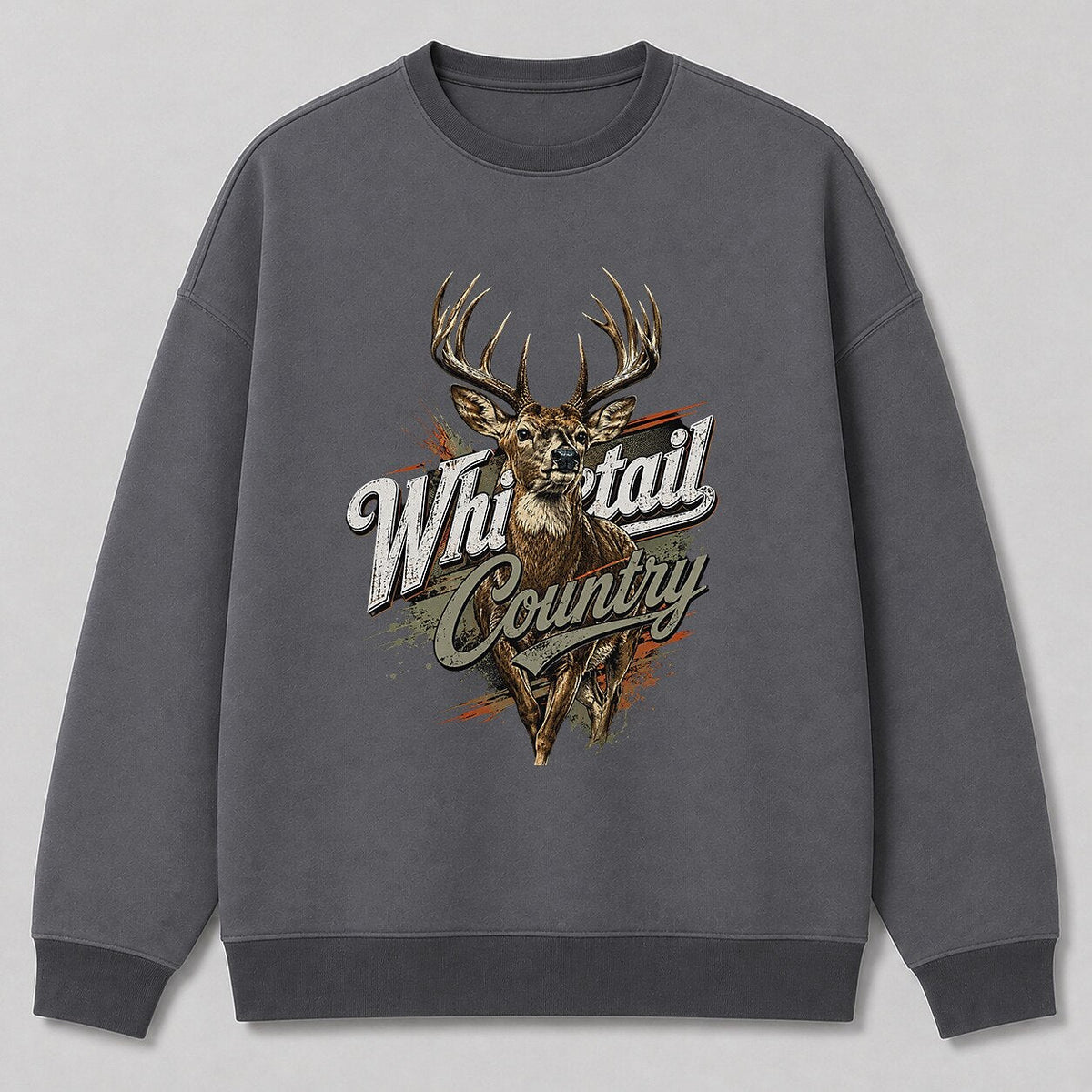 Deer Hunting Crewneck Sweatshirt for Men — white front view with printed graphic