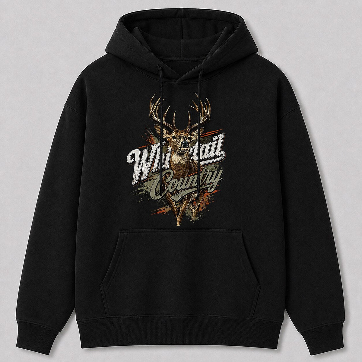 Deer Hunting Hoodie for Men — black front view with printed graphic