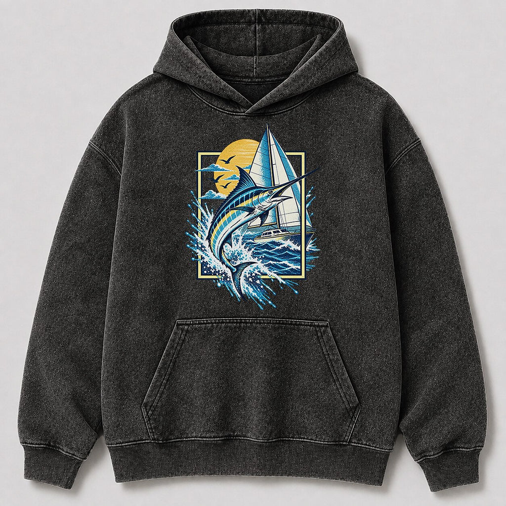 Washed Marlin Sailboat Coastal Fishing Graphic Hoodie
