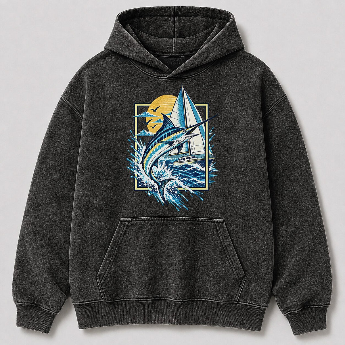 Washed Marlin Sailboat Coastal Fishing Graphic Hoodie