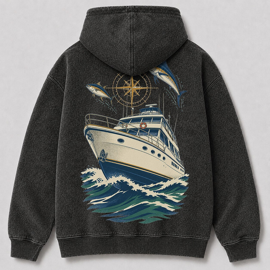 Washed Offshore Fishing Boat Coastal Hoodie Graphic