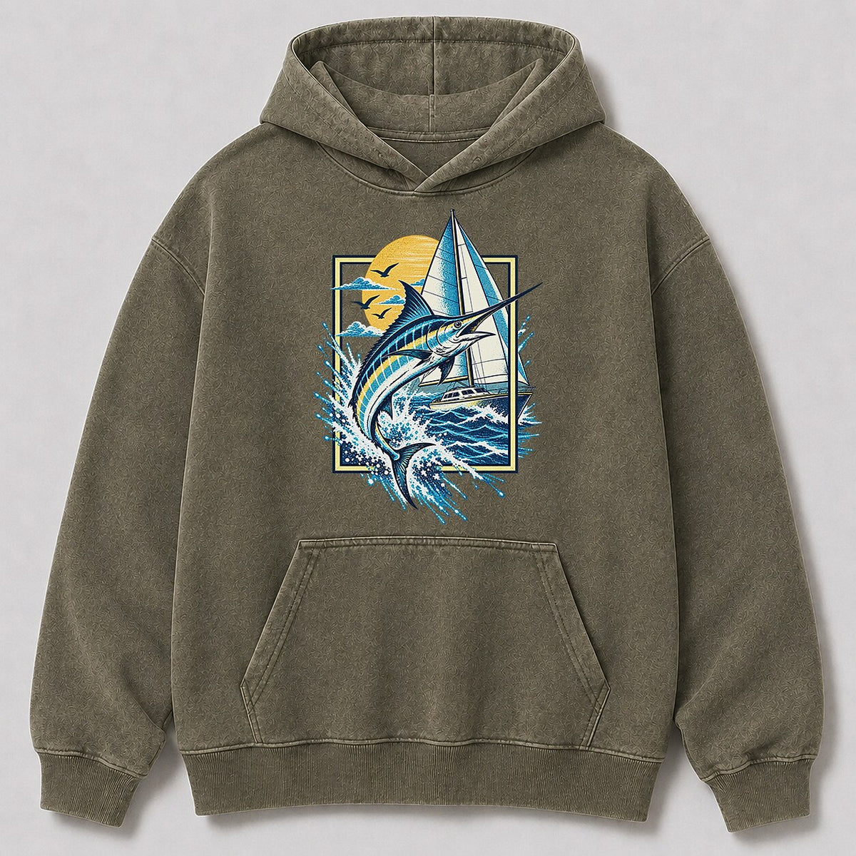 Washed Marlin Sailboat Coastal Fishing Graphic Hoodie