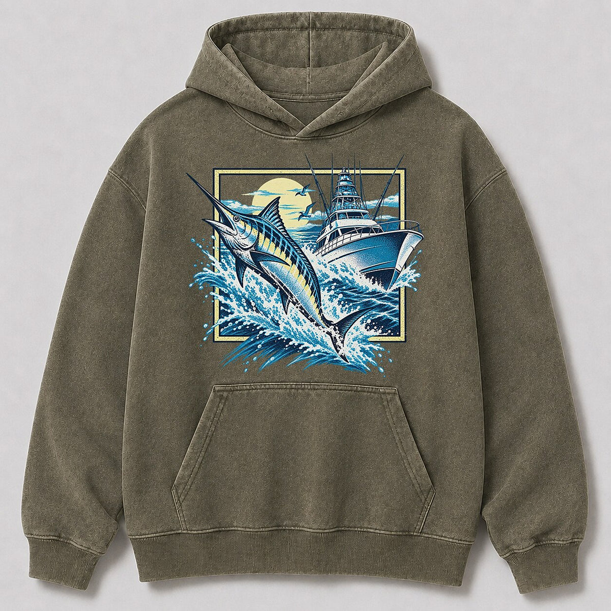 Washed Marlin Lighthouse Coastal Fishing Graphic Hoodie