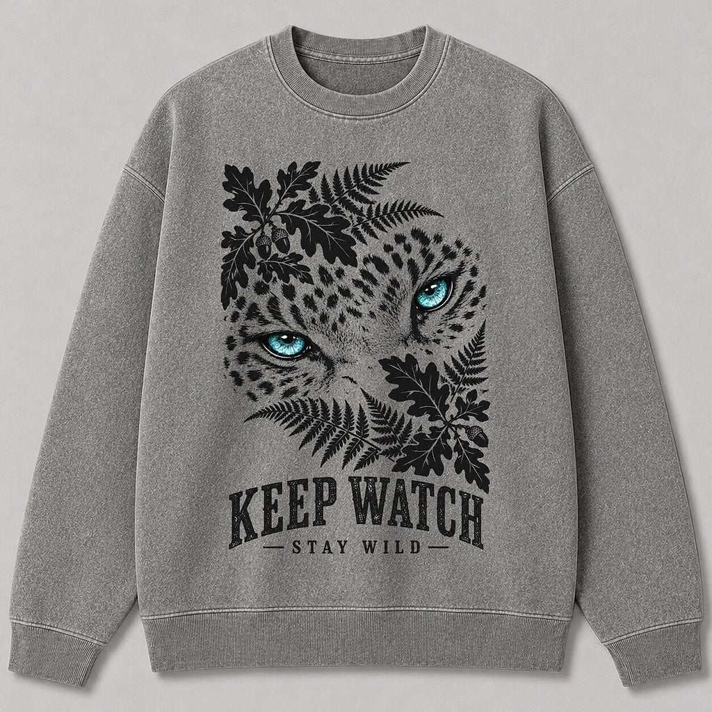 Washed Leopard Oak Leaf Forest Wildlife Graphic Sweatshirt