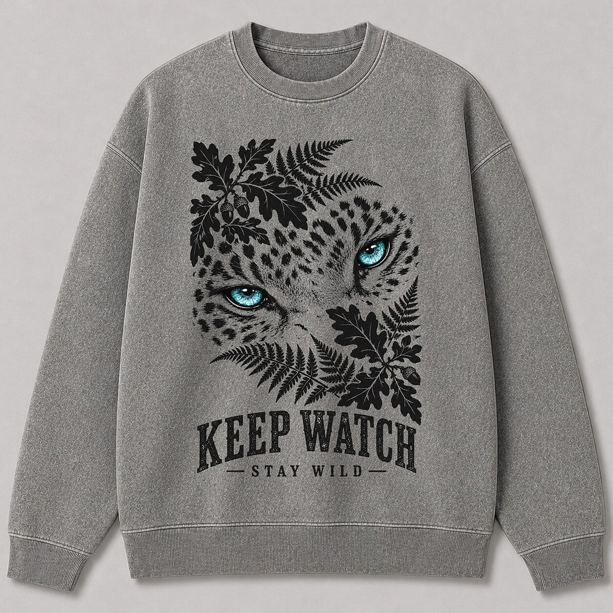 Washed Leopard Oak Leaf Forest Wildlife Graphic Sweatshirt