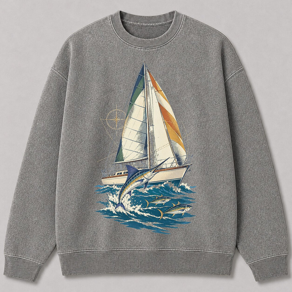 Washed Sailboat Marlin Tuna Coastal Fishing Graphic Sweatshirt