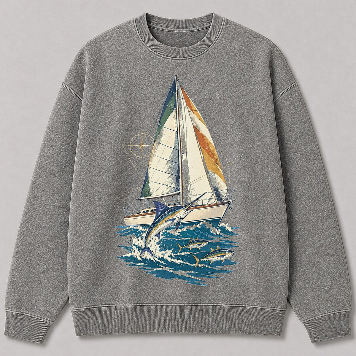 Washed Sailboat Marlin Tuna Coastal Fishing Graphic Sweatshirt