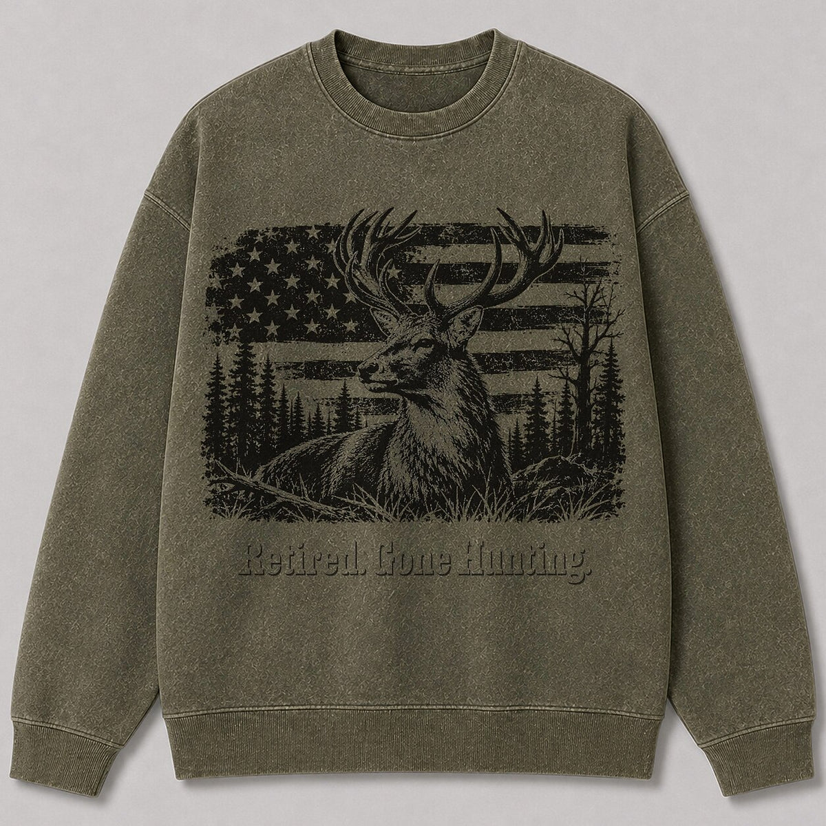 Washed American Flag Elk Hunting Wildlife Graphic Sweatshirt