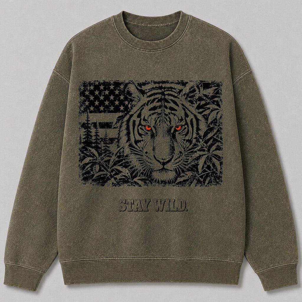 Washed American Flag Tiger Wildlife Graphic Sweatshirt
