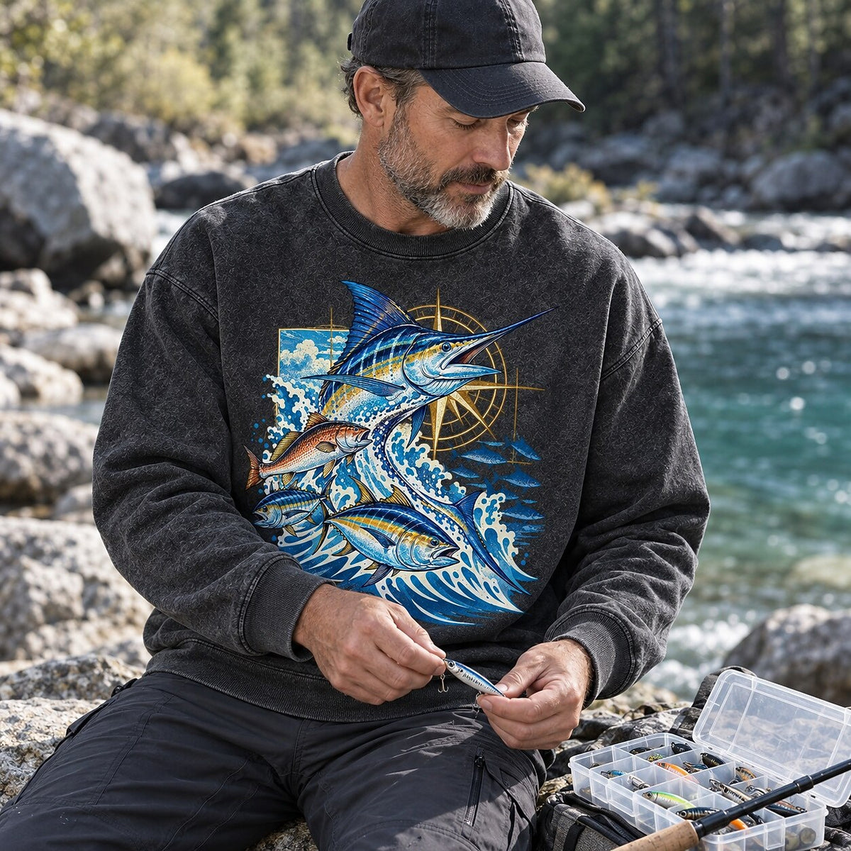 Washed Marlin Redfish Tuna Offshore Fishing Sweatshirt
