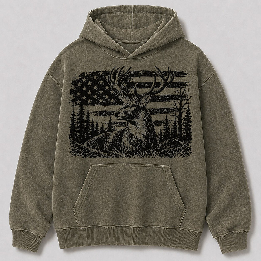 Washed Elk American Flag Wildlife Hunting Hoodie