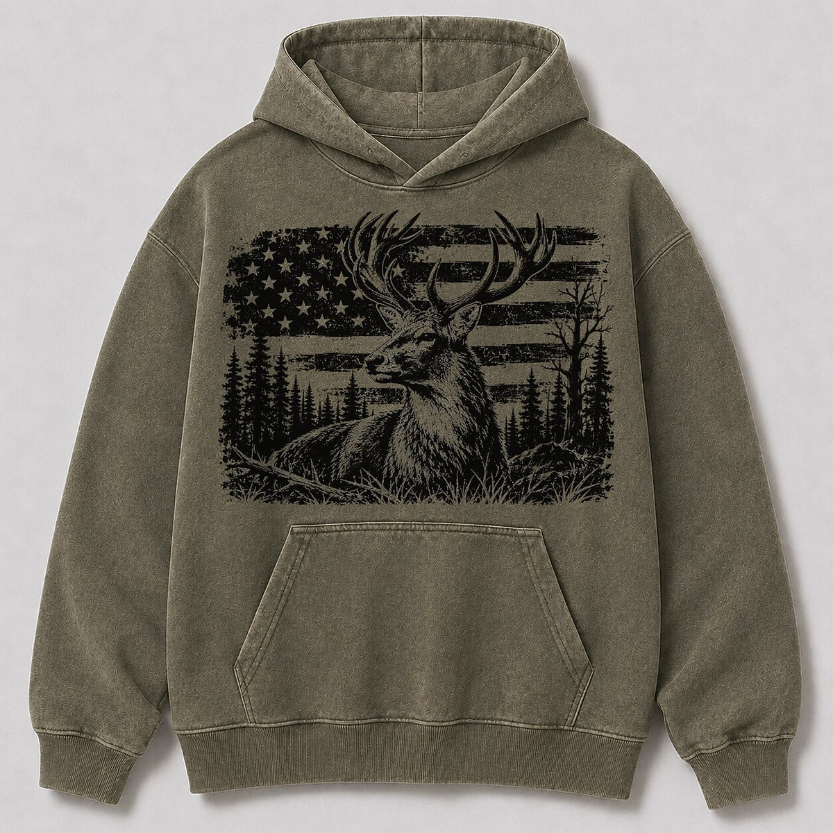 Washed Elk American Flag Wildlife Hunting Hoodie