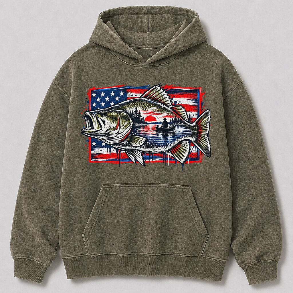 Washed Largemouth Bass American Flag Fishing Hoodie