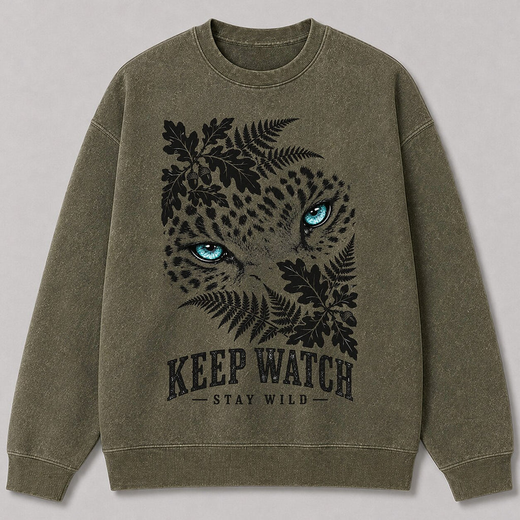 Washed Leopard Oak Leaf Forest Wildlife Graphic Sweatshirt