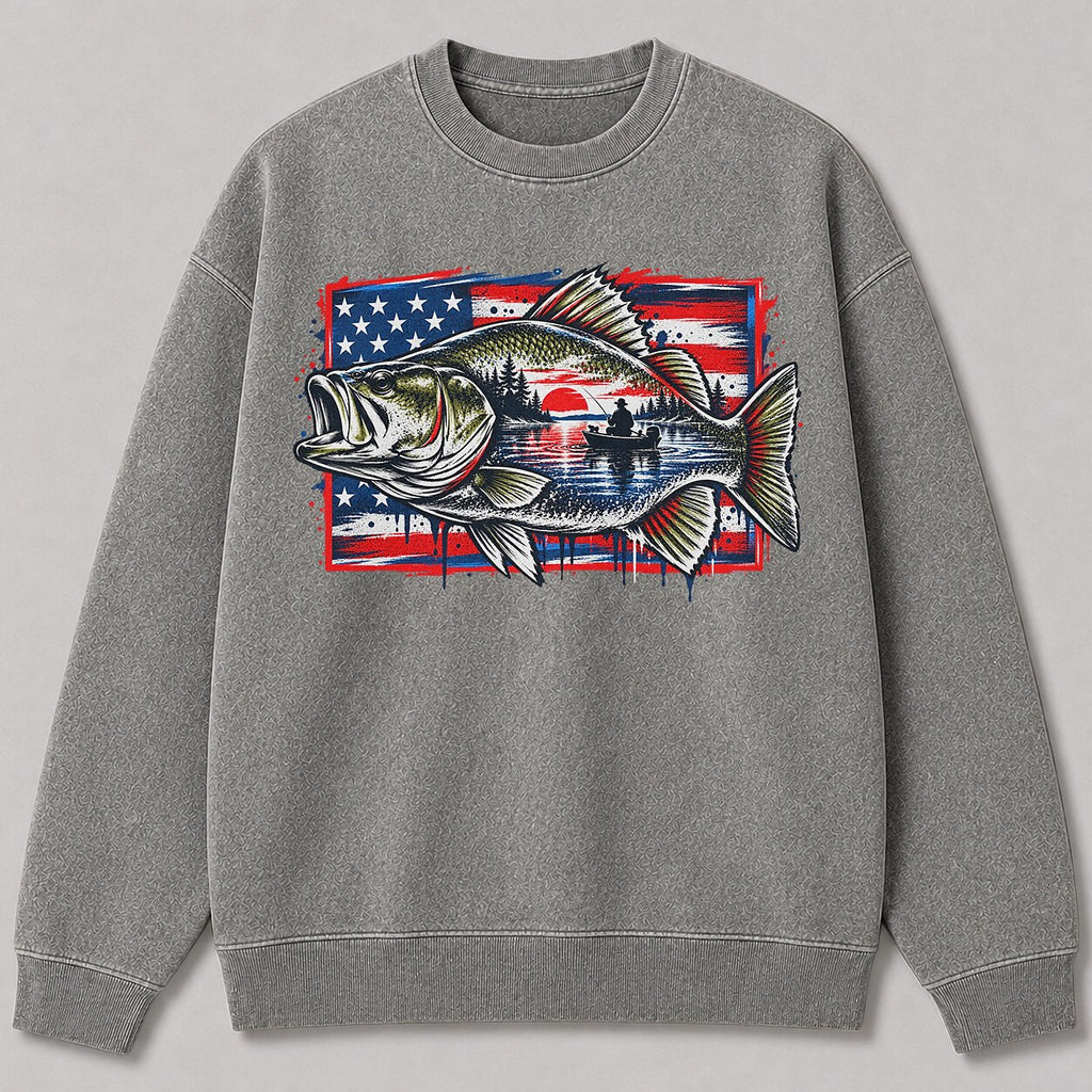 Washed American Flag Largemouth Bass Fishing Sweatshirt