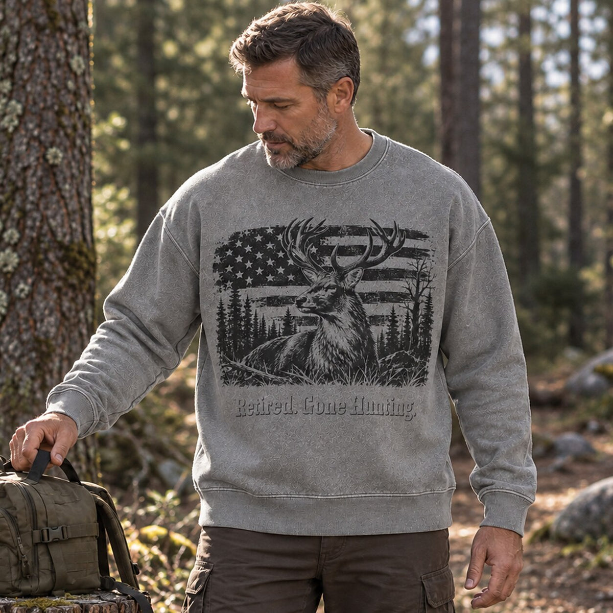 Washed American Flag Elk Hunting Wildlife Graphic Sweatshirt
