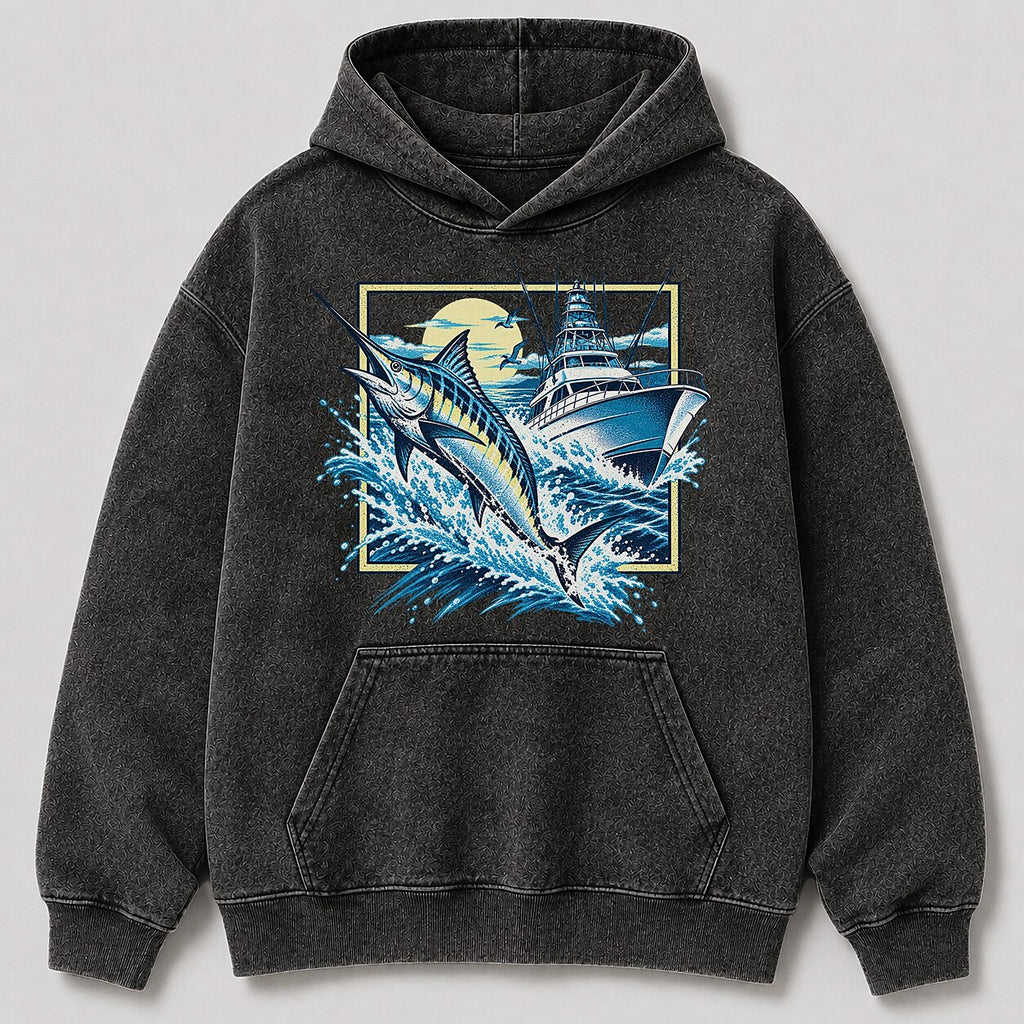 Washed Marlin Lighthouse Coastal Fishing Graphic Hoodie