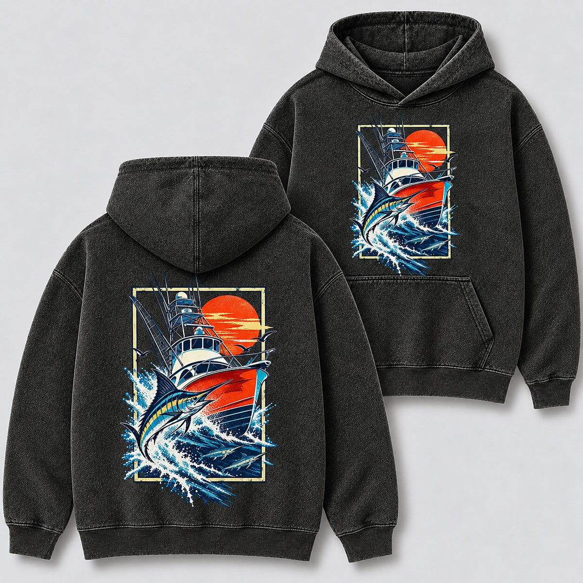 Washed Marlin Sportfishing Boat Sunset Graphic Hoodie
