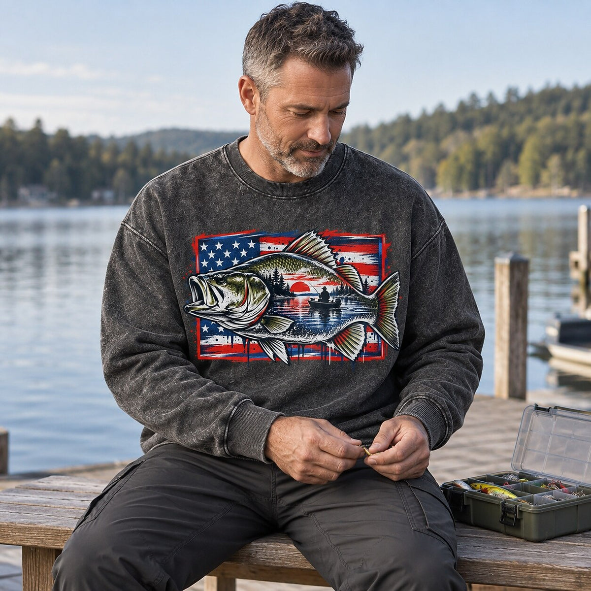 Washed American Flag Largemouth Bass Fishing Sweatshirt