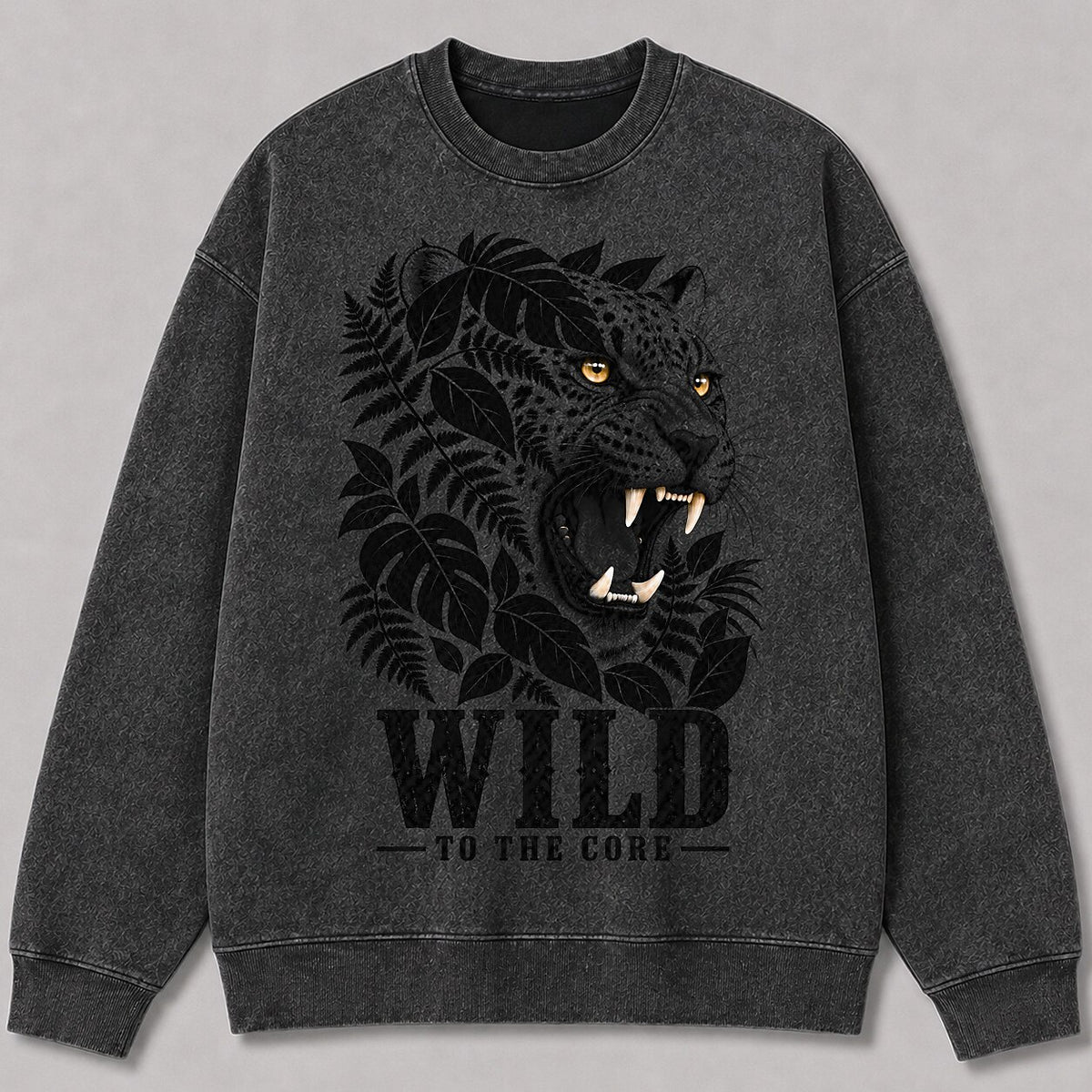 Washed Roaring Leopard Jungle Wildlife Graphic Sweatshirt