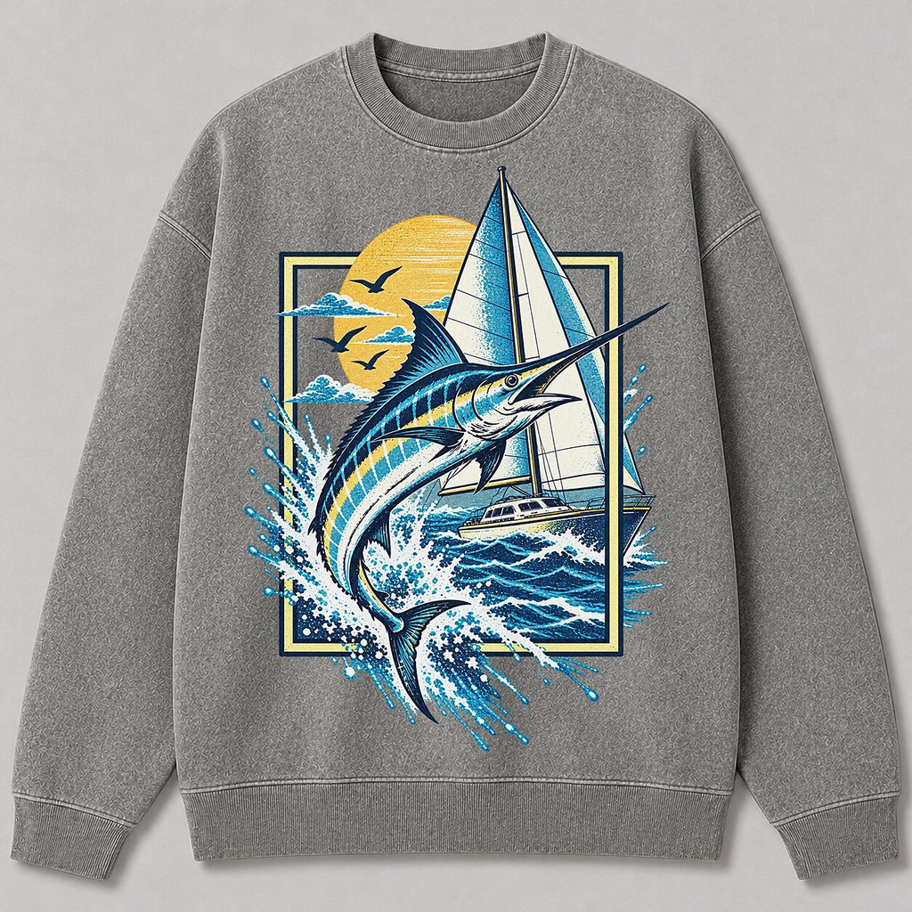 Washed Sailboat Marlin Coastal Fishing Sweatshirt Graphic